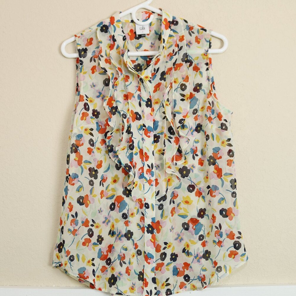 CABI Tux Ruffle Top #6108 Ivory w Multicolor Floral Print Sheer Size Small S